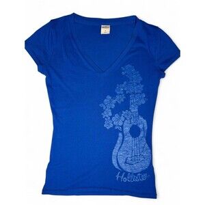 Blue Hollister Co. V-neck Tshirt with Guitar and Flowers Y2K Vintage Size S